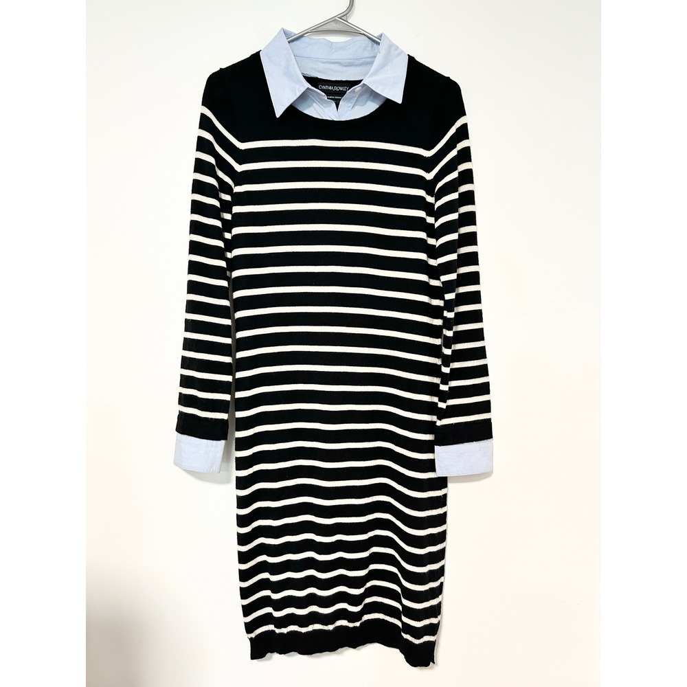 Cynthia Rowley Merino Wool Striped Layered Shirt Sweater Dress Black White Small